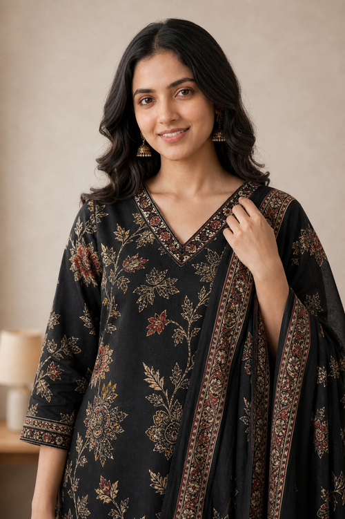 Black Pure Cotton Kurta and Pants with Dupatta