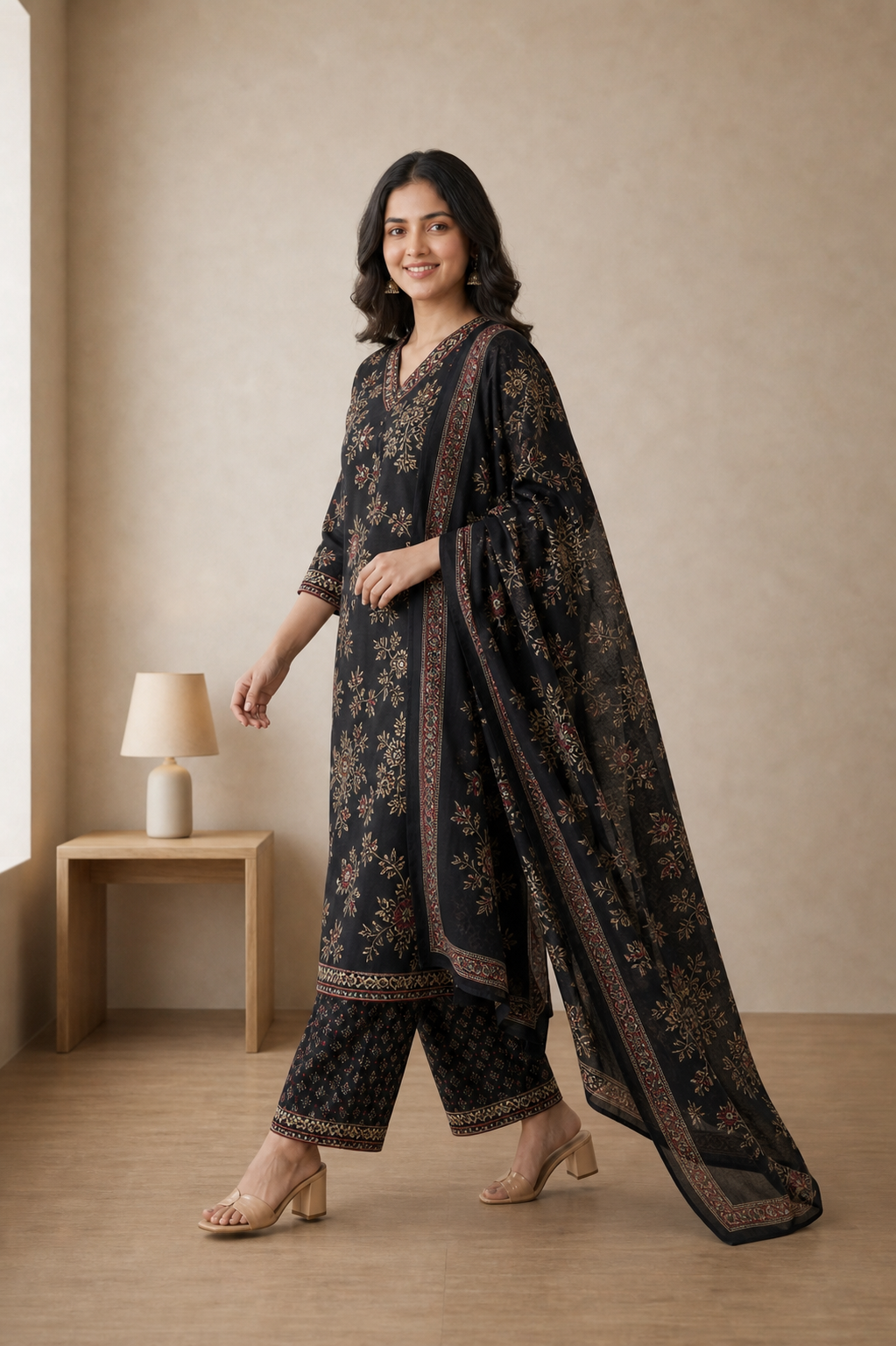 Black Pure Cotton Kurta and Pants with Dupatta