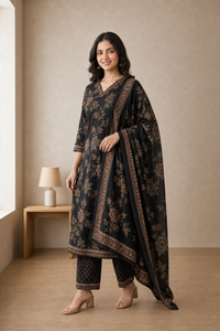Black Pure Cotton Kurta and Pants with Dupatta