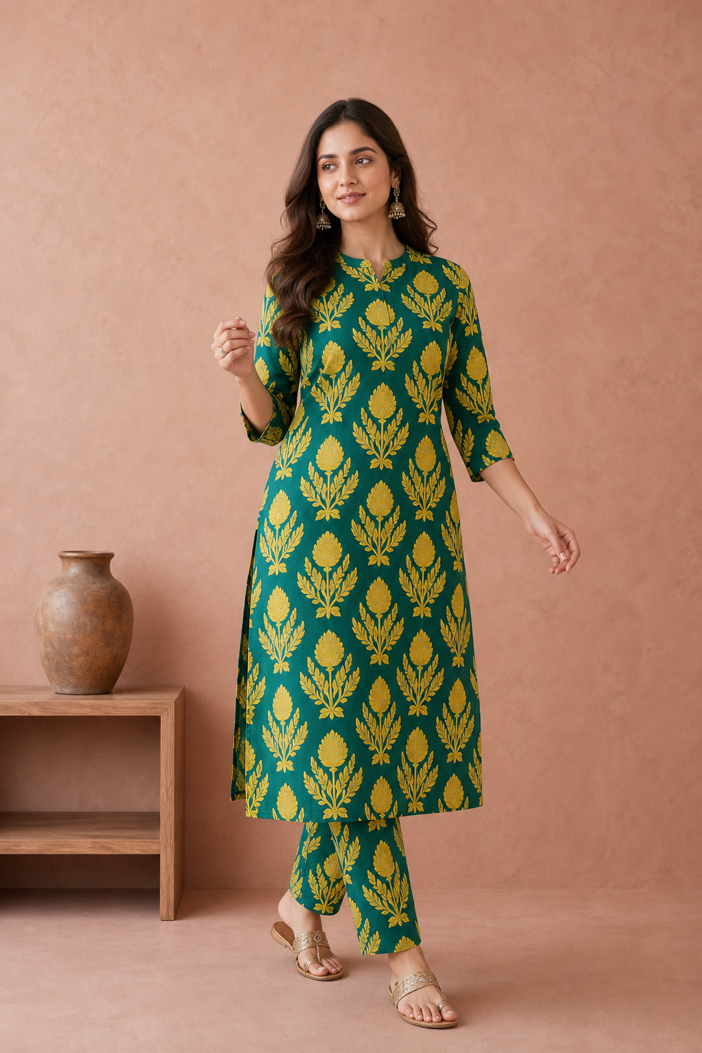 Green Pure Cotton Kurta and Pants
