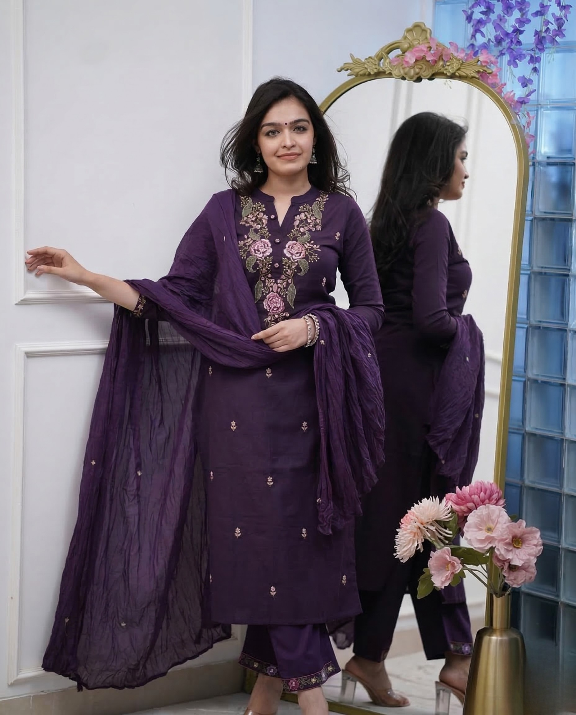 Purple embroidered cotton kurta set with pant and dupatta for women