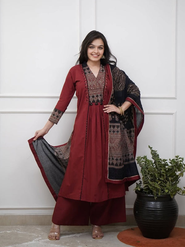 Maroon Pure Cotton Kurta with Pant & Dupatta Set For Women
