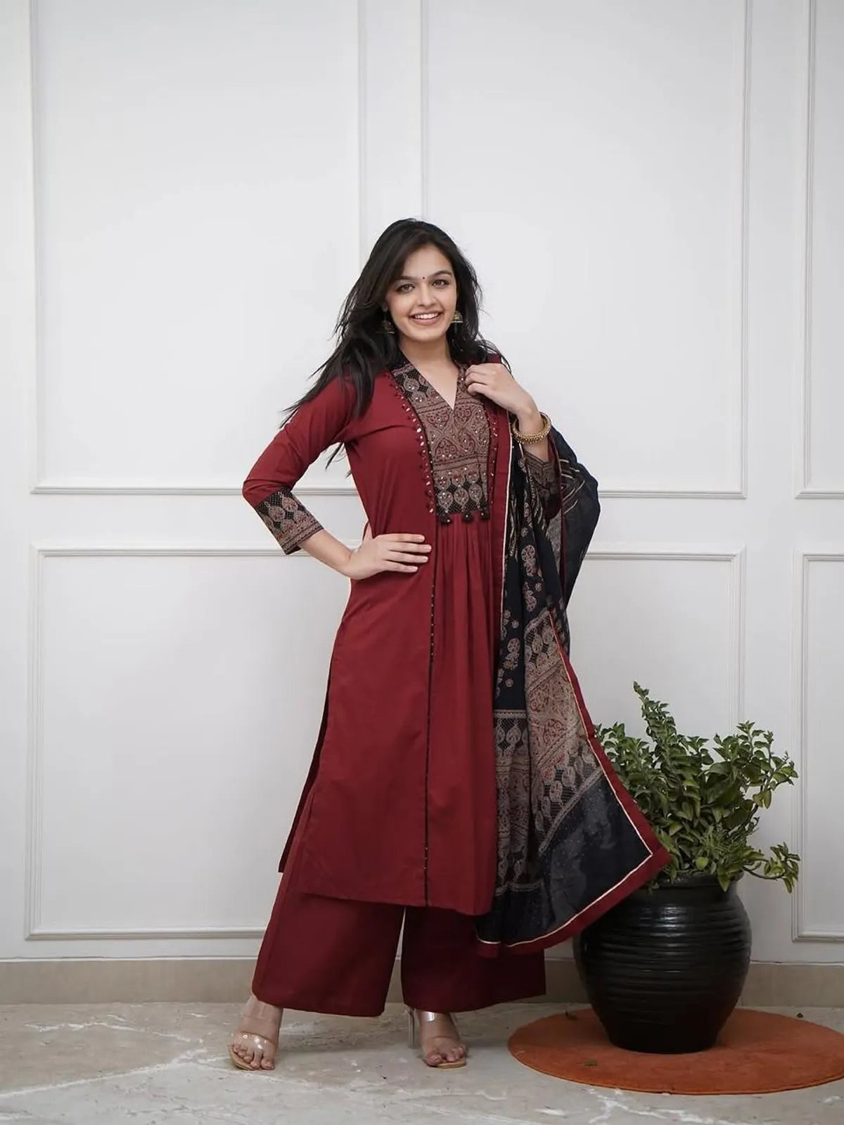 Maroon Pure Cotton Kurta with Pant & Dupatta Set For Women
