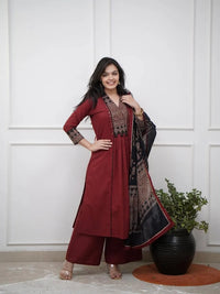 Maroon Pure Cotton Kurta with Pant & Dupatta Set For Women
