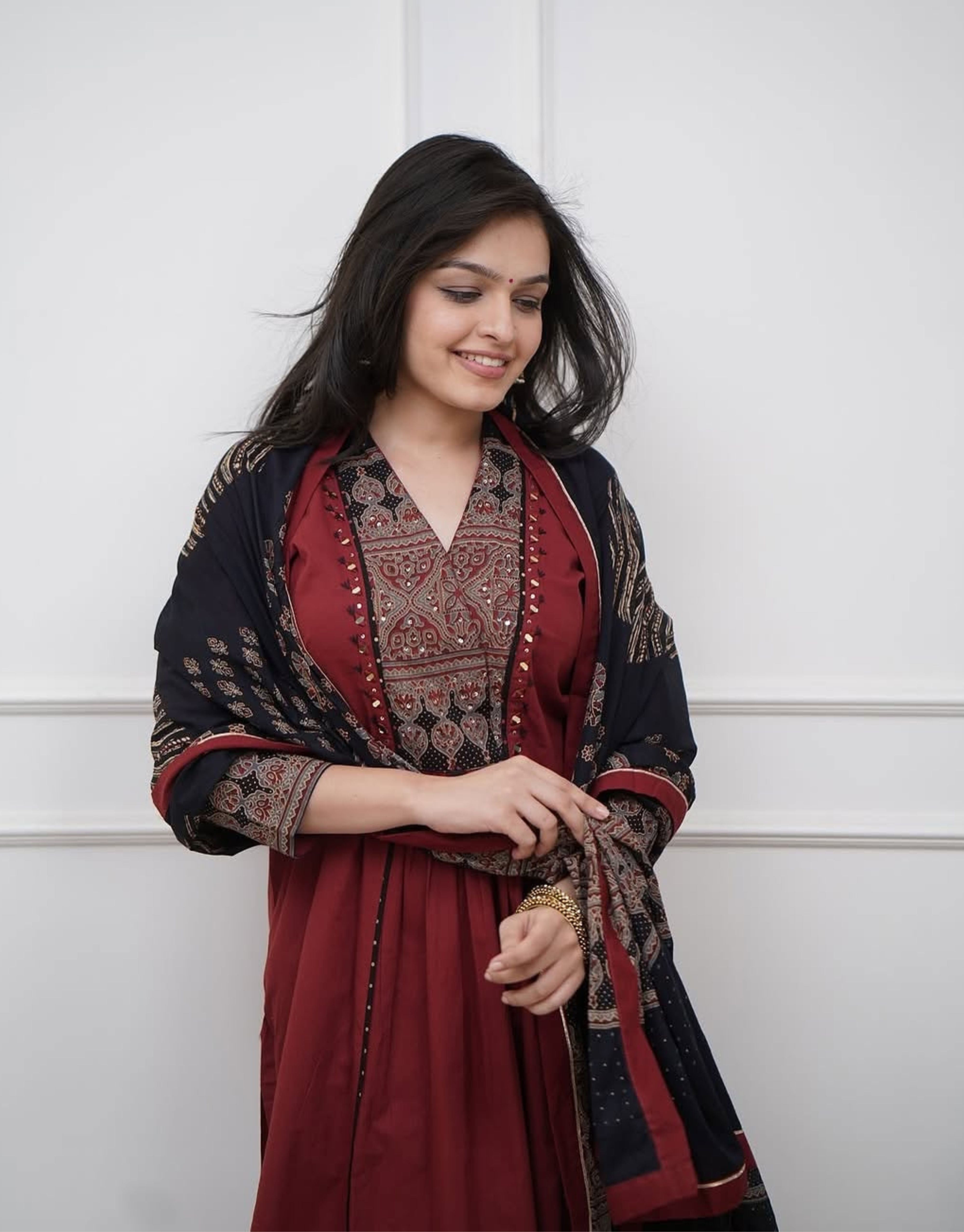 Maroon Pure Cotton Kurta with Pant & Dupatta Set For Women